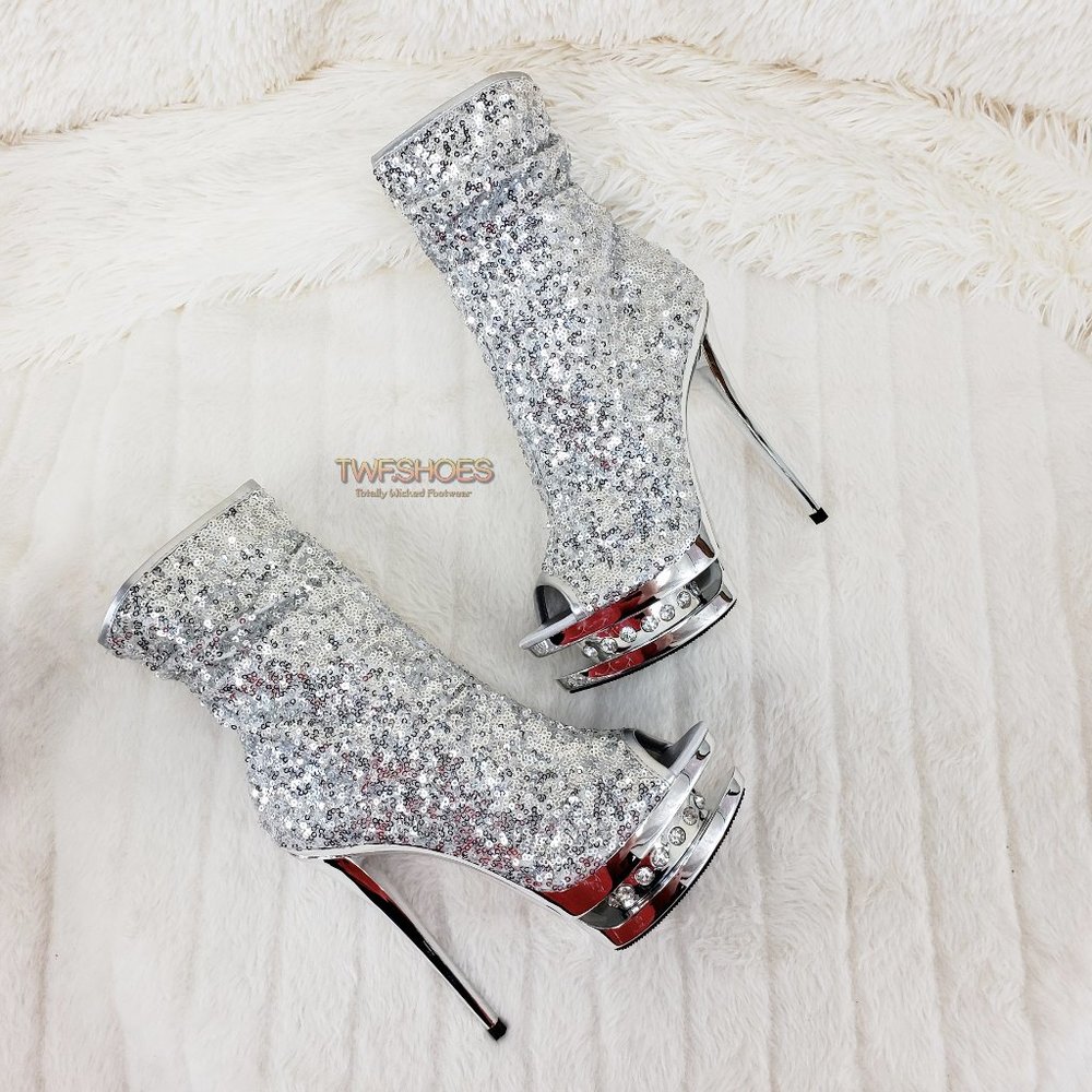 Blondie Luxurious Silver Sequin Slouchy Shaft High Heel Ankle Boots 1008 - Picture 5 of 13